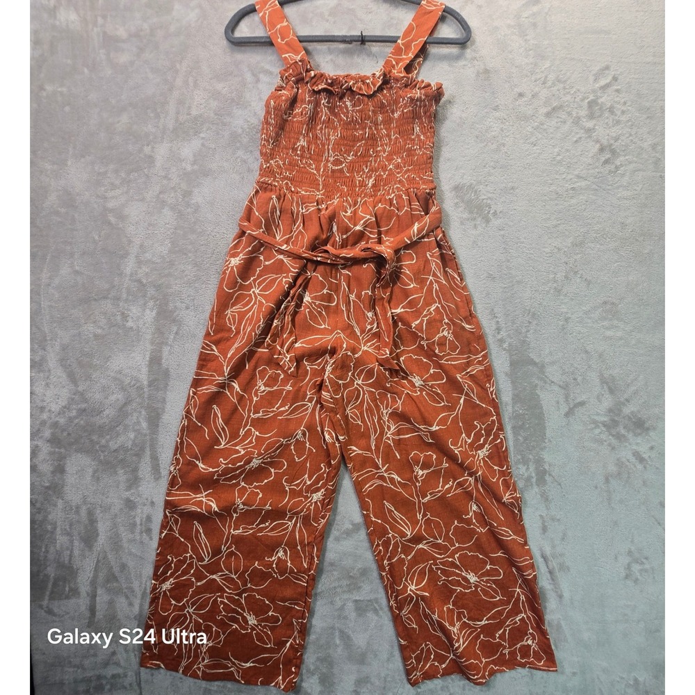 Maurices Rust Orange Floral Smocked Wide Leg Jumpsuit Small Tie Waist Sleeveless